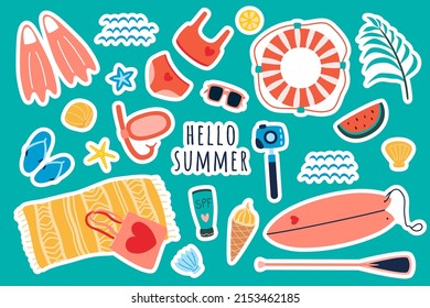 Summer vacation object set. swimwear, lifebuoy, isecream, diving flippers and mask, watermelon and sunglasses in flat style isolated on white background. Vector illustration, clipart, cartoon.