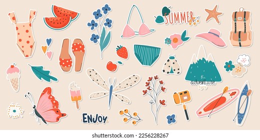 Summer vacation object set: swimwear, ice cream, camera, hat, watermelon, fruits in flat style. Vector illustration, clipart, cartoon.