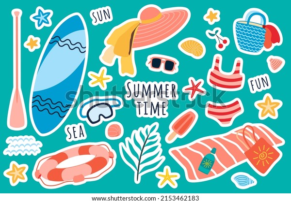 Summer\
vacation object set. swimwear, lifebuoy, isecream, women\'s summer\
straw wide-brim hat and sunglasses in flat style isolated on white\
background. Vector illustration, clipart,\
cartoon.