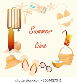 summer vacation  objects around the words summer time on white background vector