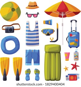 Summer Vacation Objects Collection, Suitcase, Shorts, Flippers, Flip Flops, Camera, Beach Umbrella, Traveling and Tourism Vector Illustration on White Background