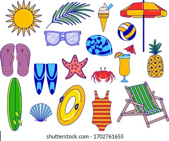 Summer vacation objects in flat style, set of icons isolated on white, vector illustration. Seaside leisure accessories, summertime items surfboard, swimsuit, cocktail, ice cream. Vacation collection