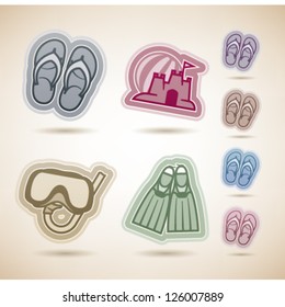 Summer vacation objects: Flip-flops, Sand castle and beach ball, Diving mask and snorkel, Diving flippers.