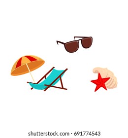 Summer vacation objects - lounge chair, beach umbrella, sunglasses and sea shells, cartoon vector illustration isolated on white background. Cartoon lounge chair, beach umbrella, shells and sunglasses