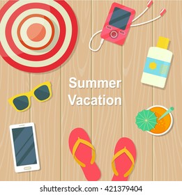 Summer vacation. Objects on wooden background. Top view. Vector flat illustration.