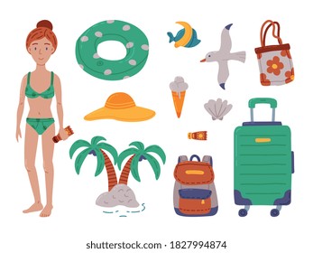 Summer Vacation Objects Set, Girl in Swimsuit with Beach Accessories, Tourism Concept Cartoon Style Vector Illustration