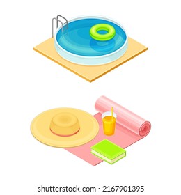 Summer vacation objects set. Swimming pool, straw hat and glass of juice isometric vector illustration