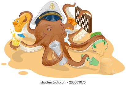 Summer vacation. Octopus has good time on beach. Illustration in vector format