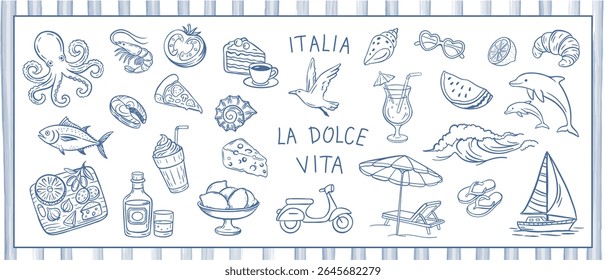 Summer vacation on the Amalfi coast with lemon, oysters, scooter, car, lemon, dishes, seafood. Coastal lifestyle reflecting spirit of travel in Italy. Vector illustration in hand drawn pencil sketch