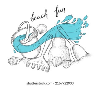 Summer vacation on beach. Summer background with beach toys. Sand castle, bucket and shovel at sea beach. Vector illustration