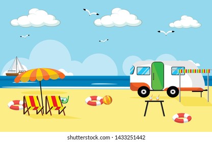 summer vacation on the beach with chairs, umbrella and vehicle