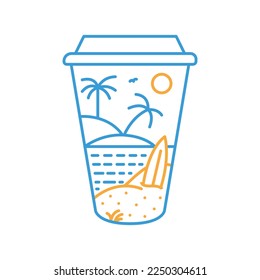 Summer Vacation on the Beach with a Cup of Coffee Monoline Design for Apparel