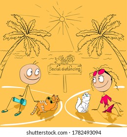 Summer vacation on beach during epidemic covid. Social distance against coronavirus concept illustration. Fun vector cartoon