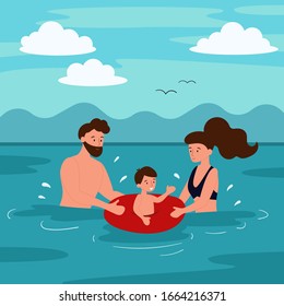 Summer vacation on the beach. The family is swimming in the sea. Mom and father teach a child to swim. Flat cartoon characters.