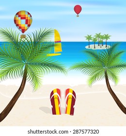 Summer vacation on the beach, flip-flops in the sand, palms, sea and flying balloons 