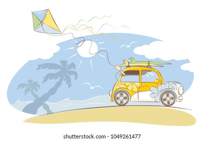 Summer vacation on the beach / Funny yellow retro car with surfboards, vector illustration