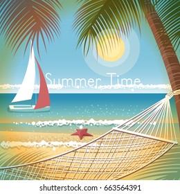 Summer vacation on the beach, a hammock, palm trees and a yacht. Travel to the sea. Vector illustration