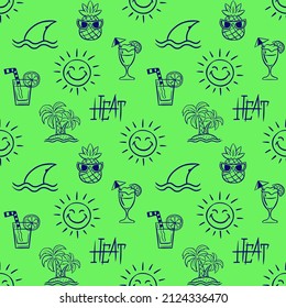 summer vacation on the beach. the holiday season. resort by the sea. party on the beach. graphic drawings on a light green background. seamless doodle pattern. vector wallpaper.