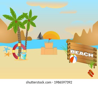 Vacaciones de verano en la playa con barro de arena, palmeras y tubo de natación. Cartel de la playa de verano ilustrativo vectorial con la playa de texto a bordo.