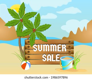 Summer vacation on the beach with sand pail and Beach ball palm trees and swimming tube. Summer beach poster vector illustration with text Summer Sale.