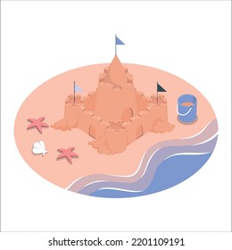 Sommerurlaub am Strand mit Sandburg und Spielzeug (3D Rendering). Einzeln gelbe Sommersandburg mit Seestern, Eimer-Schaufel auf Sandkorn. Cartoon-Stil flache Vektorgrafik.