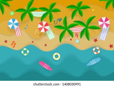 Summer vacation on the beach, top view, sports equipment for games and recreation, paper craft style, sun beds in the shade under umbrellas. Vector