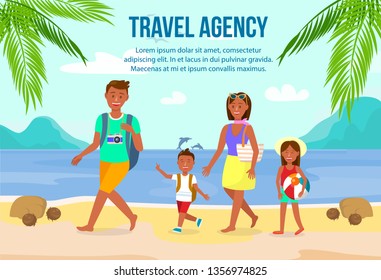 Summer Vacation on Beach Vector Banner with Text. Travel Agency Website Page with Copyspace. Family on Exotic Holidays Flat Drawing. Tourists on Sea Resort. Parents with Children Cartoon Characters