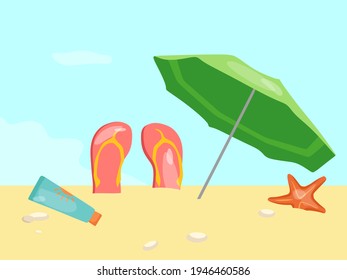 Sommerferien am Strand. Vektorgrafik eines Sonnenschirms, Schiefers und Seesterne.