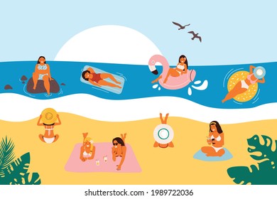 Summer vacation on the beach, vector illustration. Flat sea holiday activities, women, people travel in sandy design. Cartoon ocean leisure, man having fun and outdoors.