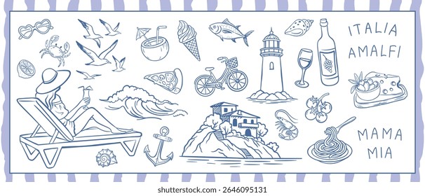 Summer vacation on Coast Amalfi. Set with seafood, girl, sea, house, seagull, wine and pasta. Coastal lifestyle, travel and resort in Italy. Vector illustration in hand drawn style, line art