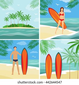 Summer vacation on the coast, surfing, (vector illustration)