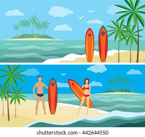Summer vacation on the coast, surfing, (vector illustration)