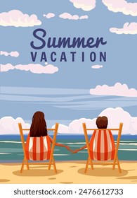 Summer Vacation on the resort, couple sitting on the deck chairs