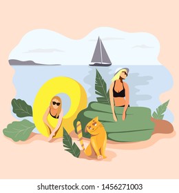 Summer vacation on a sandy beach. Sea shore. People sunbathe and bathe.