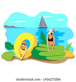 Summer vacation on a sandy beach. Sea shore. People sunbathe and bathe.