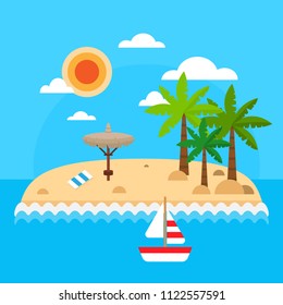 Summer vacation on sea background. Tropical island with palm trees, waves, sun, straw umbrellas, towel, sail ship, clouds. Bright travel summer island landscape in flat style. Vector illustration.