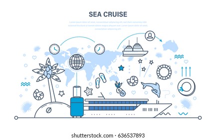 Summer vacation on the sea and the beach, travel by plane and cruise on the liner, familiarity with culture, environment. Illustration thin line design of vector doodles, infographics elements.