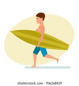 Summer vacation on sea and beach. Surfer man stands sideways holding board for swimming in his hands. Recreational beach water sport. Character person. Vector illustration isolated in cartoon style.