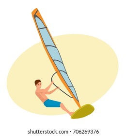 Summer vacation on sea and beach. Surfer man sails on sailboat, keeps and is engaged in active rest. Recreational beach water sport. Character person. Vector illustration in cartoon style.