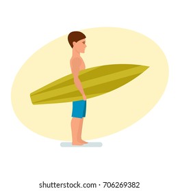 Summer vacation on sea and beach. Surfer man stands sideways holding board for swimming in his hands. Recreational beach water sport. Character person. Vector illustration isolated in cartoon style.