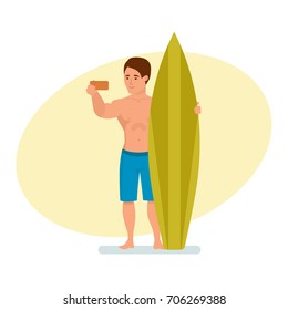 Summer vacation on sea and beach. Surfer man with board in hand, makes selfie against background of sea and the situation. Character person. Vector illustration isolated in cartoon style.
