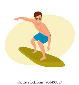 Summer vacation on sea and beach. Surfer man with surfboard standing and riding on ocean wave. Recreational beach water sport. Surf travel. Character person. Vector illustration in cartoon style.