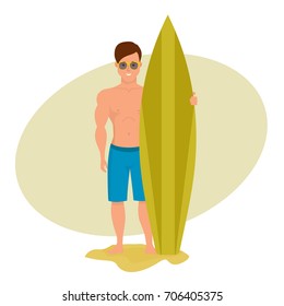 Summer vacation on the sea and the beach. Surfer man is holding board for swimming, posing and spending an active vacation on the sea. Character person. Vector illustration isolated in cartoon style.