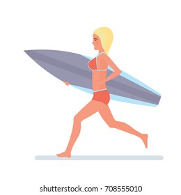 Summer vacation on sea and beach. Surfer girl holding a board for swimming in her hands, runs along the beach in a swimsuit. Surf travel. Character person. Vector illustration in cartoon style.