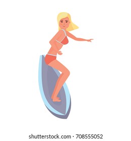 Summer vacation on sea and beach. Surfer girl, with legs in lap, is rolling on waves on board. Recreational beach water sport. Surf travel. Character person. Vector illustration in cartoon style.