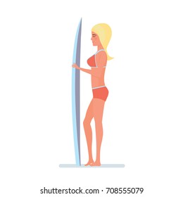 Summer vacation on sea and beach. Surfer woman stands sideways holding board for swimming in his hands. Recreational beach water sport. Character person. Vector illustration isolated in cartoon style.