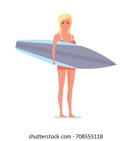 Summer vacation on sea and beach. Surfer woman stands sideways holding board for swimming in his hands. Recreational beach water sport. Character person. Vector illustration isolated in cartoon style.