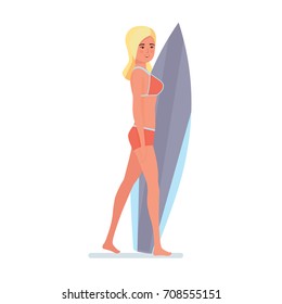 Summer vacation on sea and beach. Surfer woman stands sideways holding board for swimming in his hands. Recreational beach water sport. Character person. Vector illustration isolated in cartoon style.