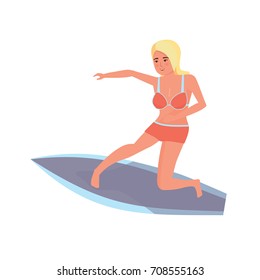 Summer vacation on sea and beach. Surfer woman with surfboard standing and riding on ocean wave. Recreational beach water sport. Surf travel. Character person. Vector illustration in cartoon style.