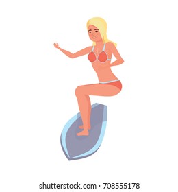 Summer vacation on sea and beach. Surfer woman with surfboard standing and riding on ocean wave. Recreational beach water sport. Surf travel. Character person. Vector illustration in cartoon style.